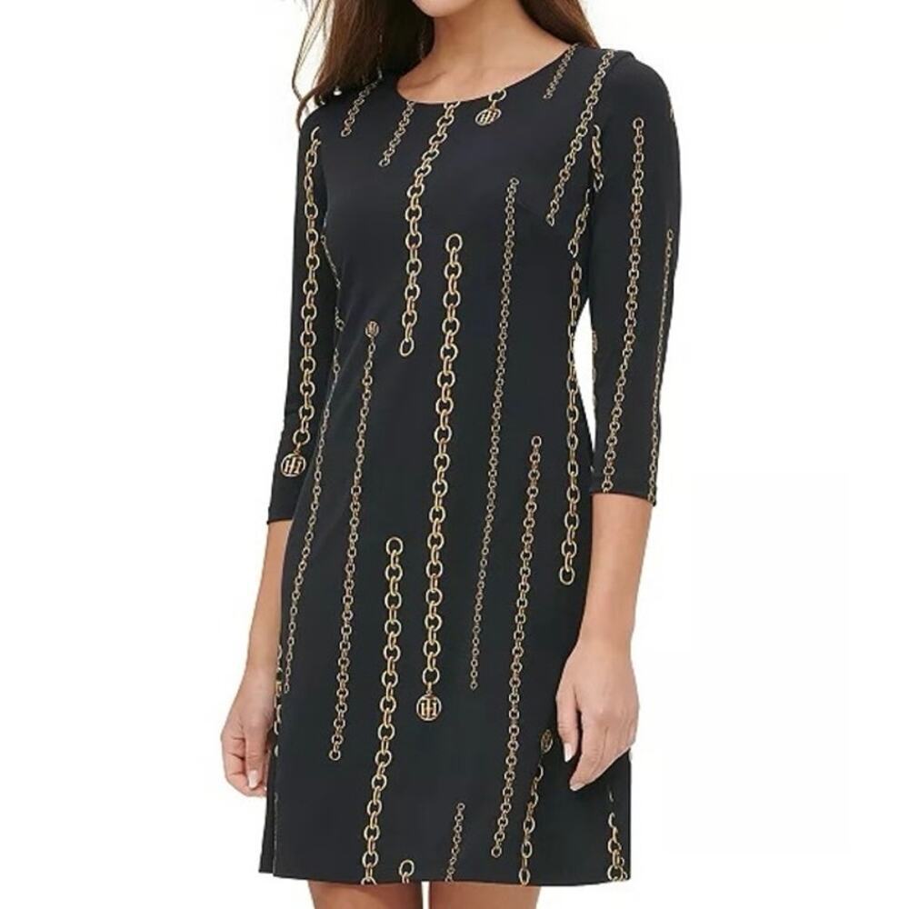 TOMMY HILFIGER Black Gold Chain-Link Jersey Dress Old Money Mob Wife - Sz 10